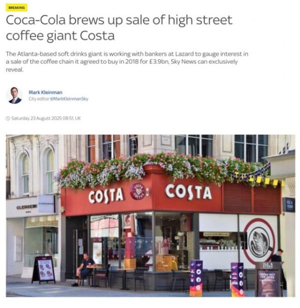 振兴资本 可口可乐公司被指考虑出售COSTA咖啡连锁，叫价或近200亿，全球最大饮料商在收购6年后“想法”变了？